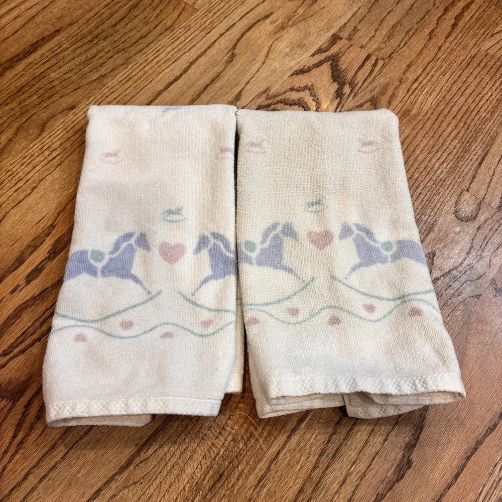 Vintage‎ Fieldcrest Rocking Horse Bath Towel Set 6 Pc 100% Cotton Hearts Pastel